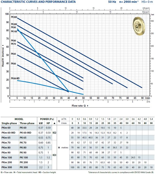 Charakterystyki pompy poziomej Pedrollo PK
